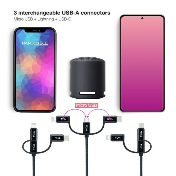 Cable USB Nanocable 3 en 1 USB-A a USB-C/Micro USB/Lightning 1m Negro