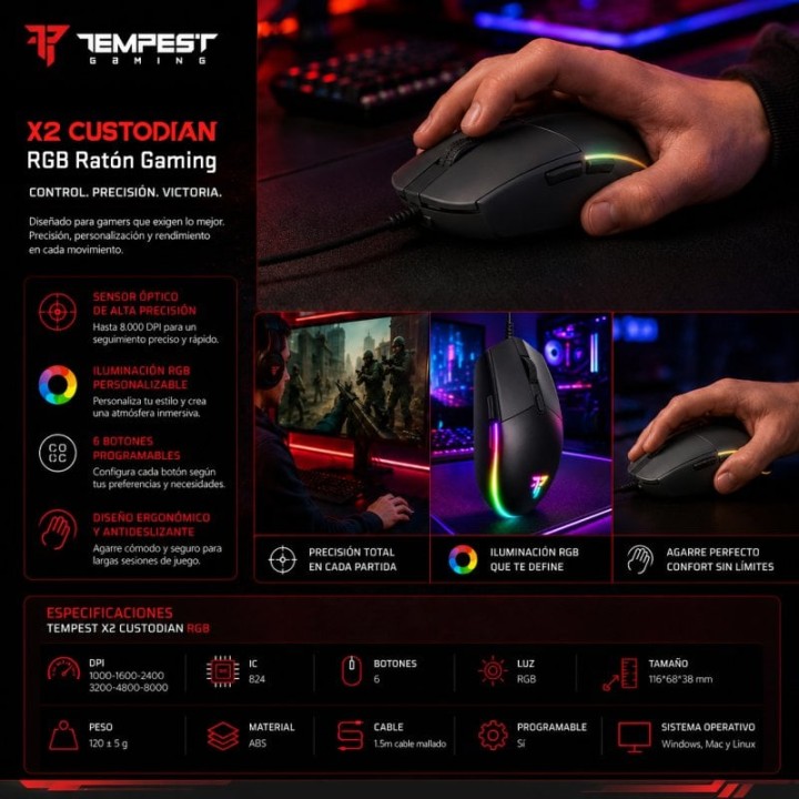 Tempest X2 Custodian RGB Ratón Gaming 8000 DPI Negro