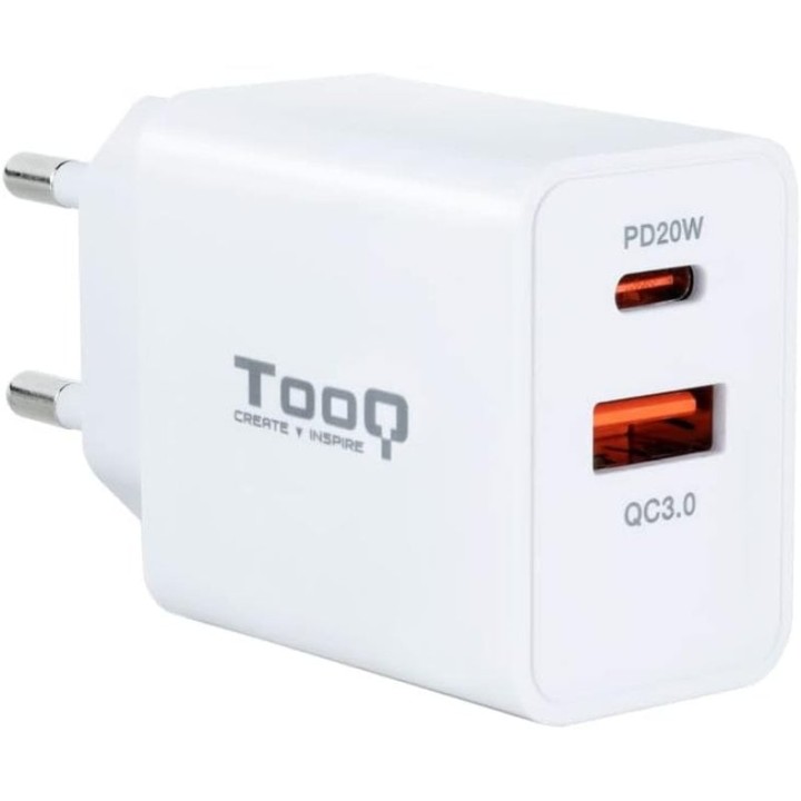TooQ TQWC-2SC04WT Cargador de Pared Dual USB-C/USB 2.0 Blanco