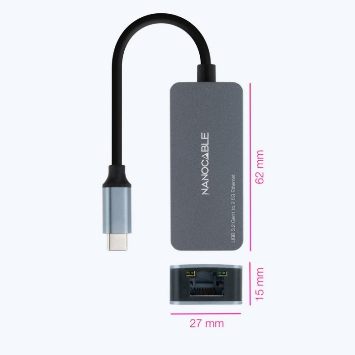 Nanocable Conversor USB-C 3.2 Gen1 a Ethernet 2.5G Aluminio 15cm Gris