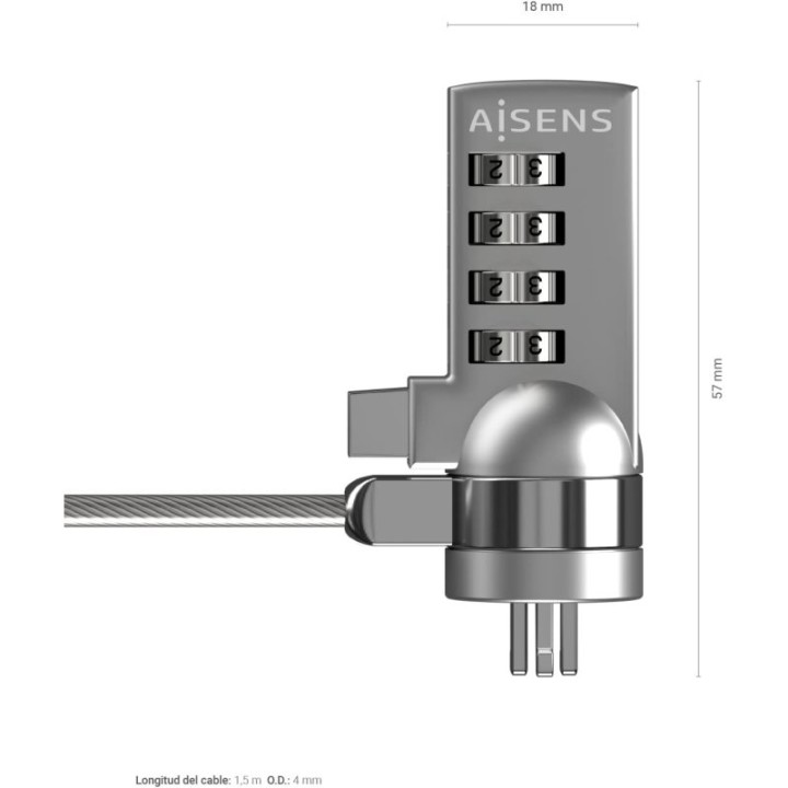 Aisens Cable Seguridad con Cerradura de Combinación para Ordenador/Monitor/Portátil 1.5M