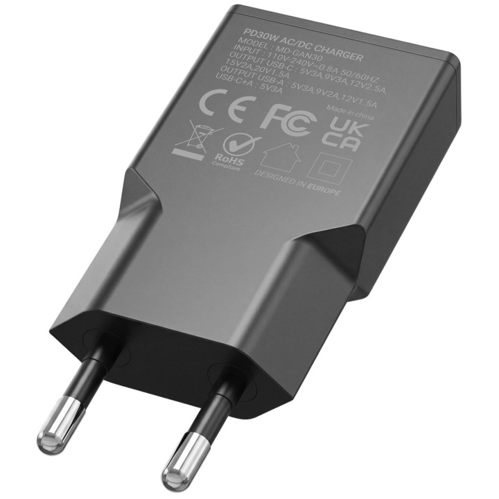 Cargador Pared Mars Gaming 30W USB-A/C Negro (MDGAN30)