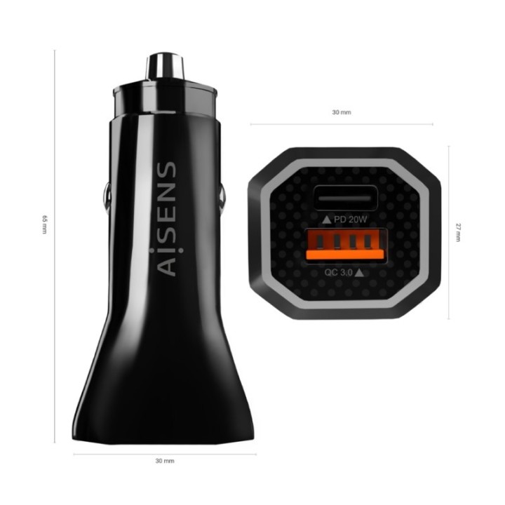 Aisens ASCH-CAR2PQC-BK Cargador de Coche 1x USB-C 1x USB 38W Negro