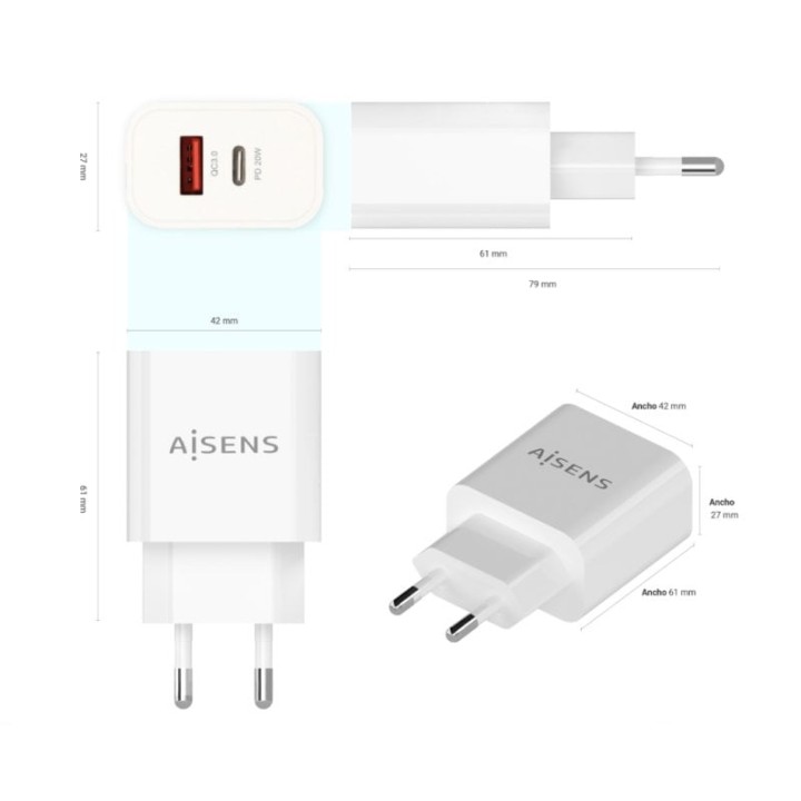 Aisens A110-0681 Cargador de Pared 1x USB-C 1x USB 20W Blanco