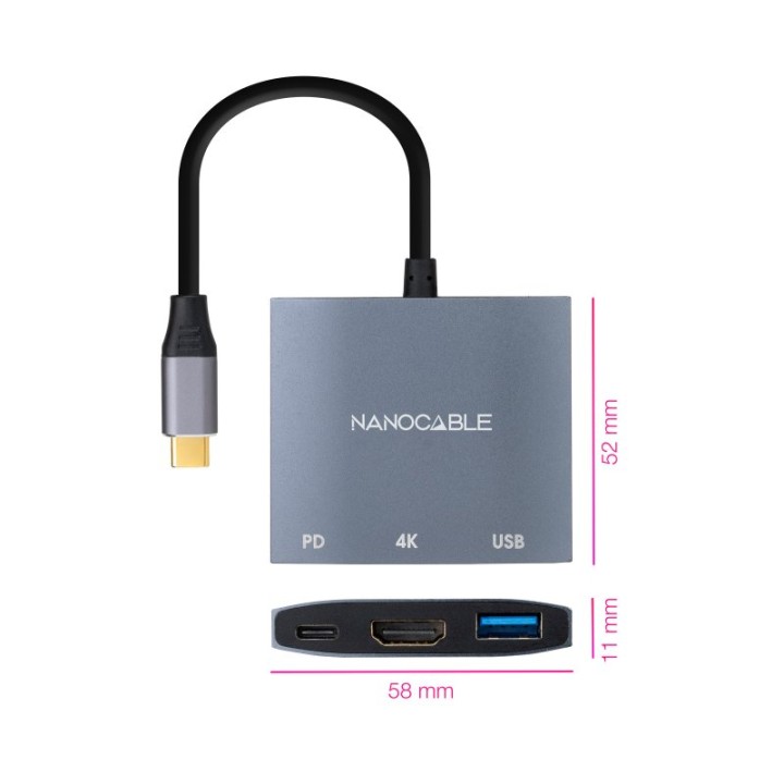Nanocable Conversor USB Tipo-C a HDMI 4K Hembra /USB Hembra/USB Tipo-C 15cm Gris