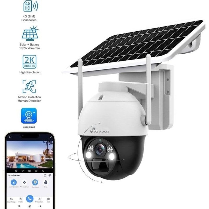 Nivian Cámara Vigilancia Seguridad 360º 4G SIM incluida Panel Solar 7W Batería Larga