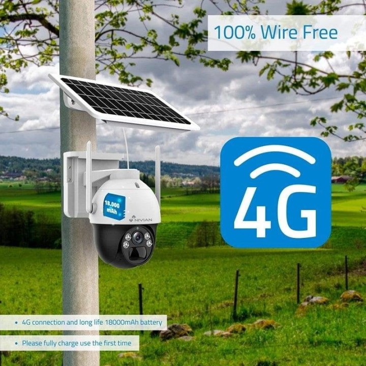 Nivian Cámara Vigilancia Seguridad 360º 4G SIM incluida Panel Solar 7W Batería Larga