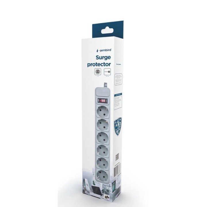 Gembird SPG6-B-6C Regleta Protectora de Sobretensión 6 Tomas Schuko con Interruptor 1.8m Blanca