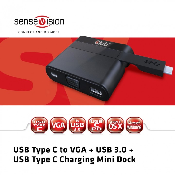 Mini Dock Club 3D USB-C a USB-C+USBA+VGA (CSV-1532)