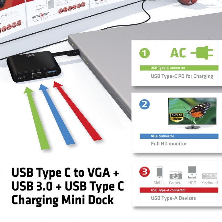 Mini Dock Club 3D USB-C a USB-C+USBA+VGA (CSV-1532)