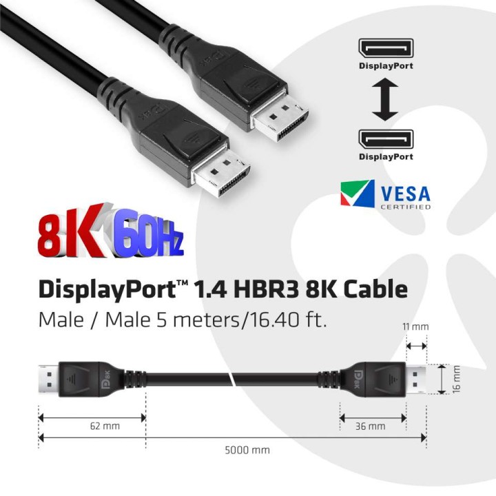 Cable Club 3D DP 1.4 HBR3 8K 5m M/M Negro (CAC-1061)