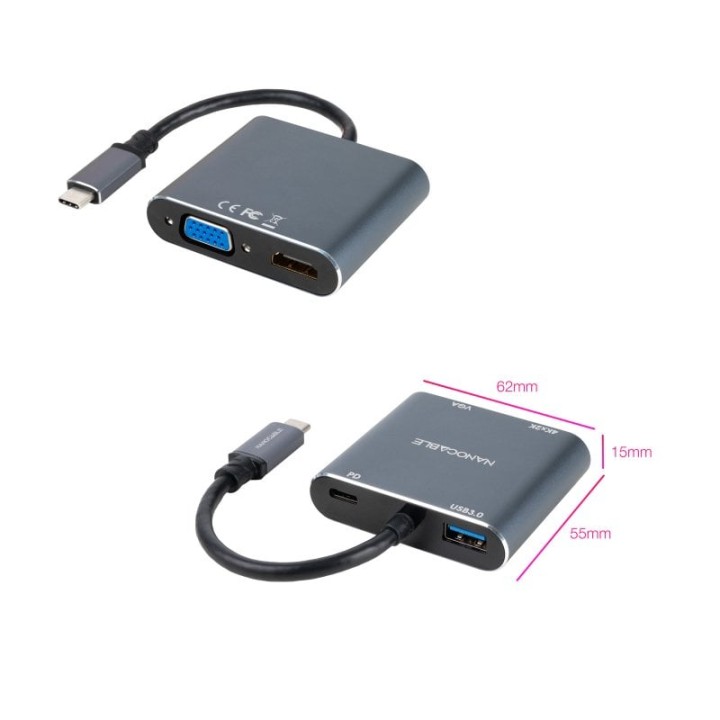 Nanocable Conversor USB-C a HDMI/VGA/USB3.0/PD 15 cm Gris