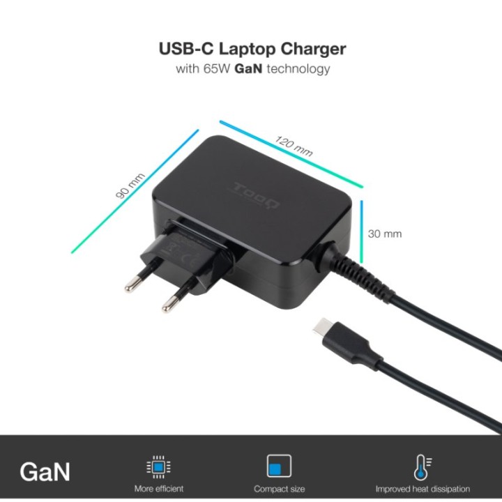 TooQ TQLC-USBCGAN65PD Cargador de portátil GAN USB-C PD 65W Negro