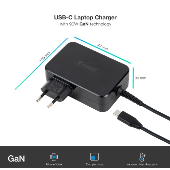 TooQ TQLC-USBCGAN90PD Cargador de portátil GAN USB-C PD3.0 90W Negro