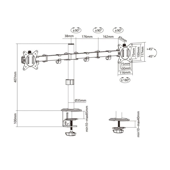 Aisens DT32TSR-149 Soporte Eco Giratorio/Inclinable para 2 Monitores/TV 17"-32" VESA 100x100 Máx 9Kg