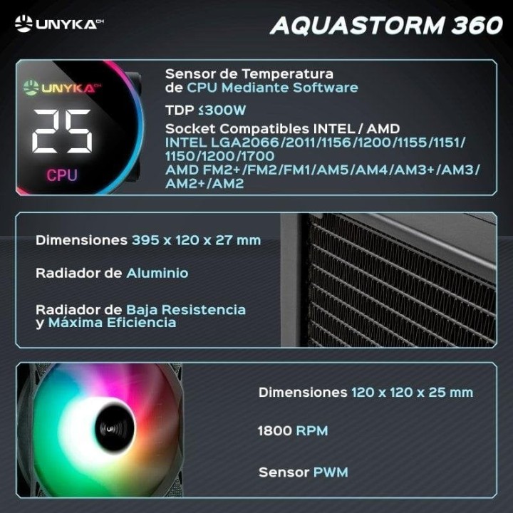 UNYKAch AquaStorm 360 Kit de Refrigeración Líquida 360mm con Display de Temperatura CPU Negro