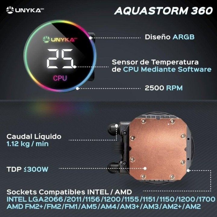 UNYKAch AquaStorm 360 Kit de Refrigeración Líquida 360mm con Display de Temperatura CPU Negro
