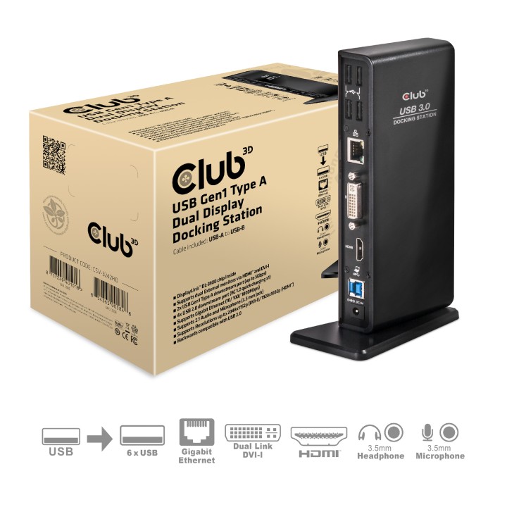 Docking Club 3D USB-A/HDMI/DVI/RJ45 Negro (CSV-3242HD)