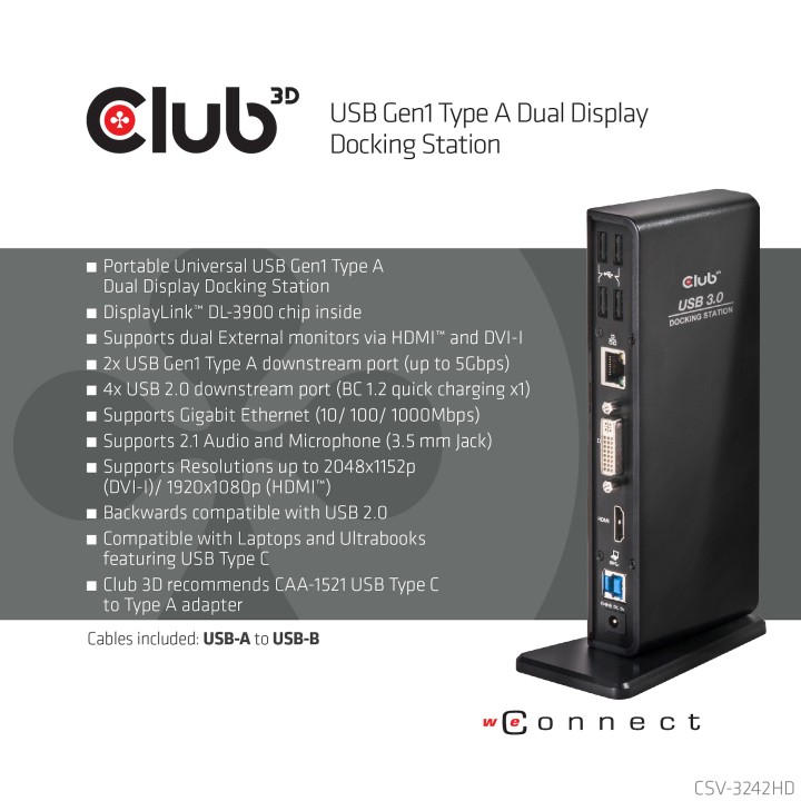 Docking Club 3D USB-A/HDMI/DVI/RJ45 Negro (CSV-3242HD)