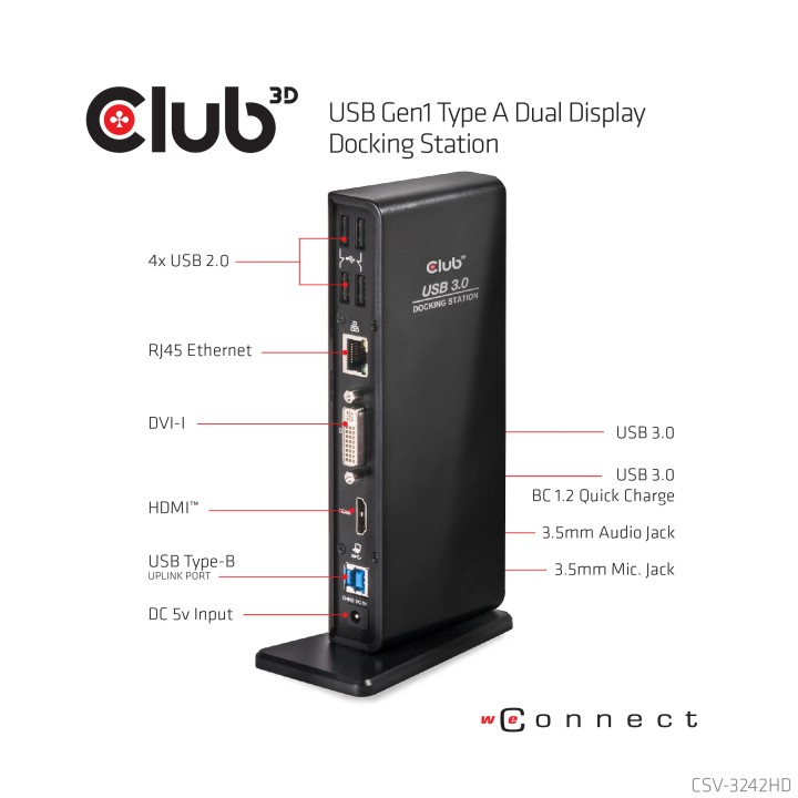 Docking Club 3D USB-A/HDMI/DVI/RJ45 Negro (CSV-3242HD)