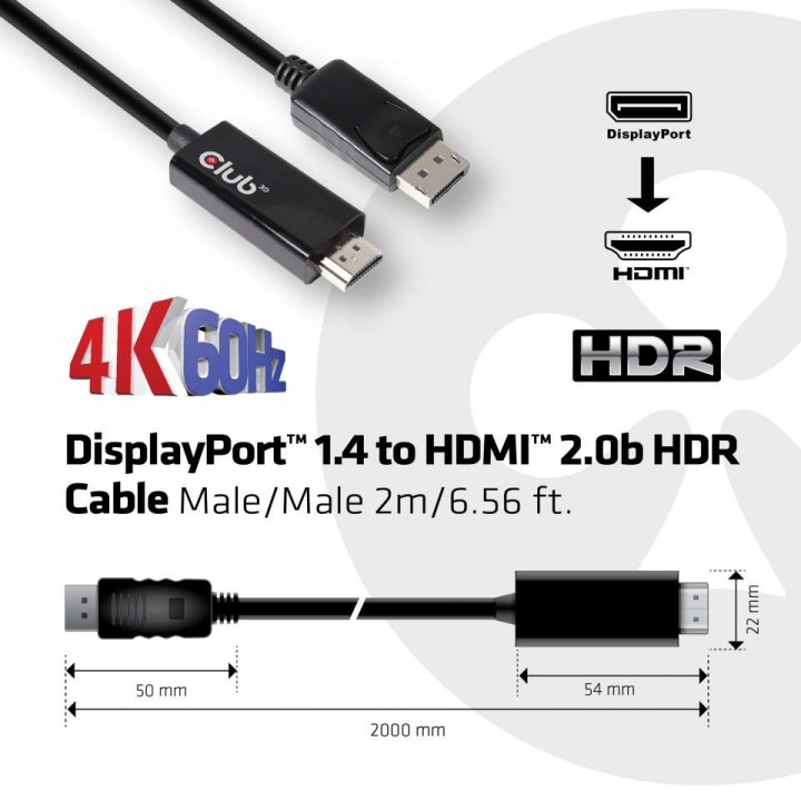 Cable Club 3D DP 1.4 a HDMI 2.0 2m M/M Negro (CAC-1082)