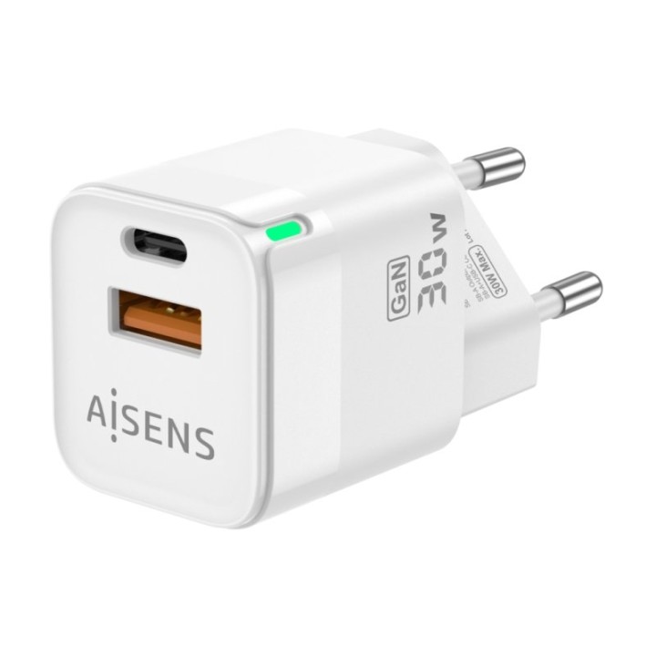 Aisens ASCH-30W2P004-W Cargador GaN de Pared 1xUSB Tipo-C/ 1xUSB/ 30W Blanco