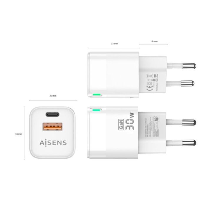 Aisens ASCH-30W2P004-W Cargador GaN de Pared 1xUSB Tipo-C/ 1xUSB/ 30W Blanco
