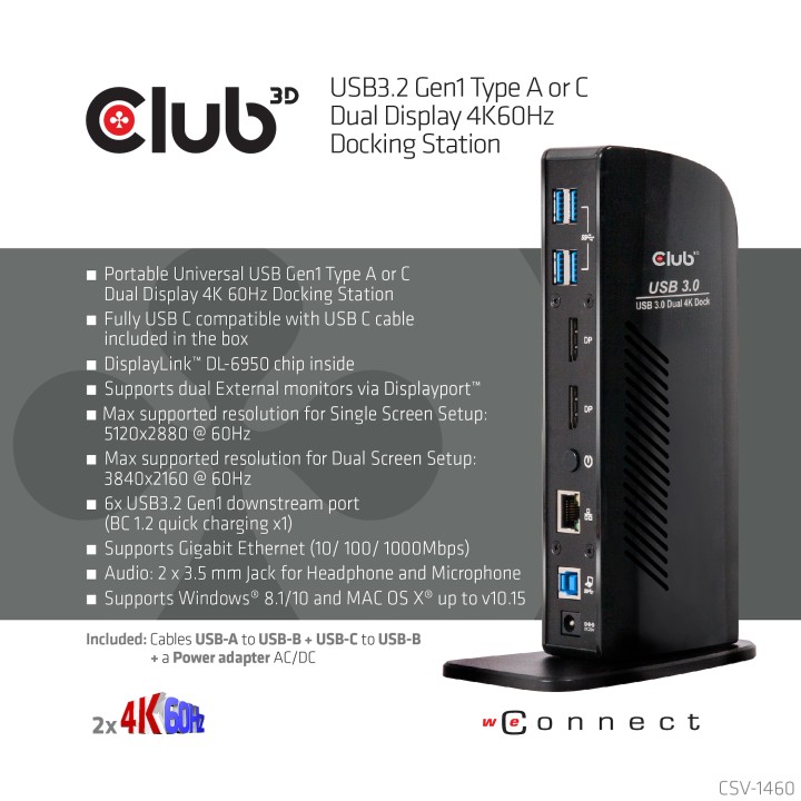 Docking Club 3D USB-A/C a USB-A+B+DP+RJ45 CSV-1460