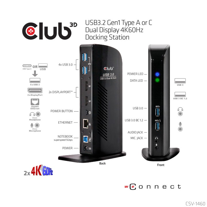 Docking Club 3D USB-A/C a USB-A+B+DP+RJ45 CSV-1460