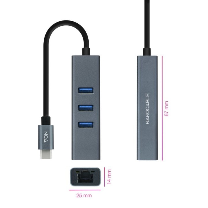 Nanocable Hub USB-C a Ethernet Gigabit + 3x USB 3.0 Aluminio