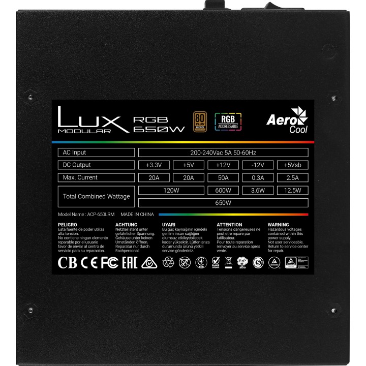 Fuente AEROCOOL LUX 650W RGB 80+ Bronze (LUXRGB650M)