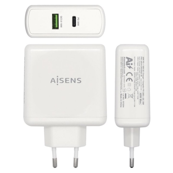Aisens ASCH-2PD30QC-W Cargador de Pared USB 2.0/USB-C 48W Blanco