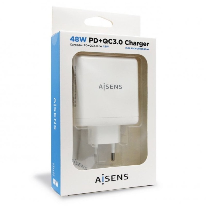 Aisens ASCH-2PD30QC-W Cargador de Pared USB 2.0/USB-C 48W Blanco