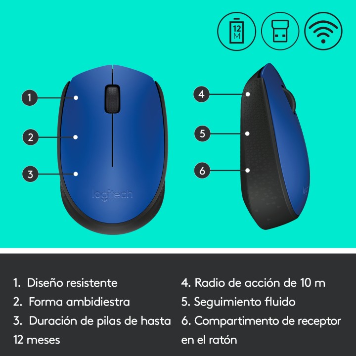 Ratón LOGITECH M171 Wireless 1000dpi Azul (910-004640)