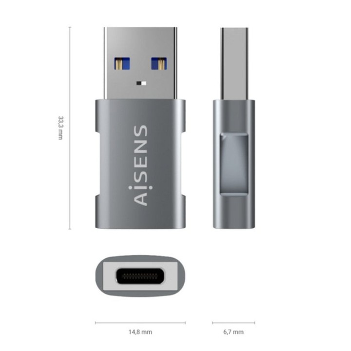 Aisens Mini Adaptador USB 3.2 Gen2 a USB -C Macho/Hembre Gris