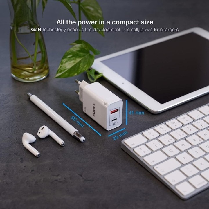 TooQ TQWC-GANQCPD45WT Cargador de Pared Dual USB-C/USB 2.0 45W Blanco