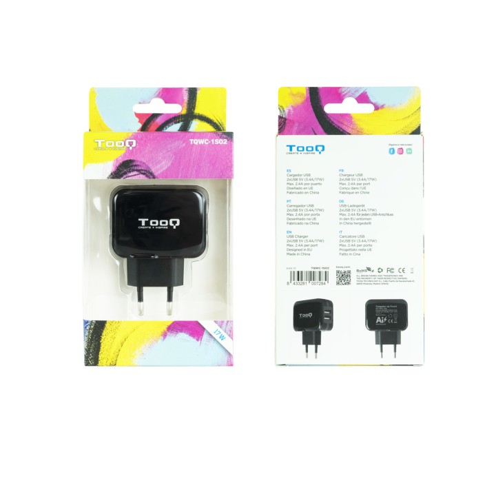 Cargador de Pared TooQ 17W 2xUSB-A Negro (TQWC-1S02)