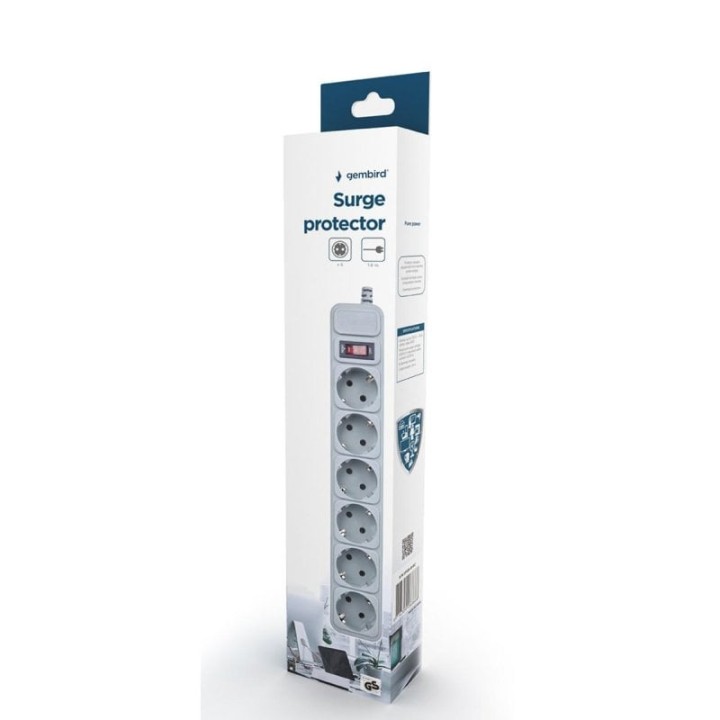 Gembird SPG6-B-6C Regleta Protectora de Sobretensión 6 Tomas Schuko con Interruptor 1.8m Blanca