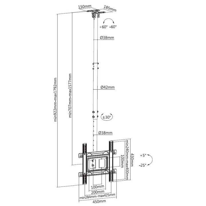 Soporte Techo EQUIP 37-70" Gira/Inclina 50kg (EQ650321)