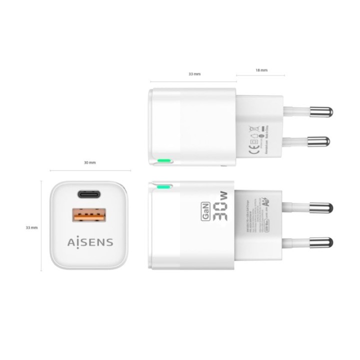 Aisens ASCH-30W2P004-W Cargador GaN de Pared 1xUSB Tipo-C/ 1xUSB/ 30W Blanco