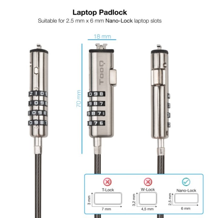 TooQ TQCLKC0035-G Cable de Seguridad Tipo NANO con Combinación para Portátiles 1.5 metros Gris Oscuro