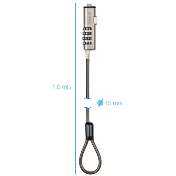 TooQ TQCLKC0035-G Cable de Seguridad Tipo NANO con Combinación para Portátiles 1.5 metros Gris Oscuro