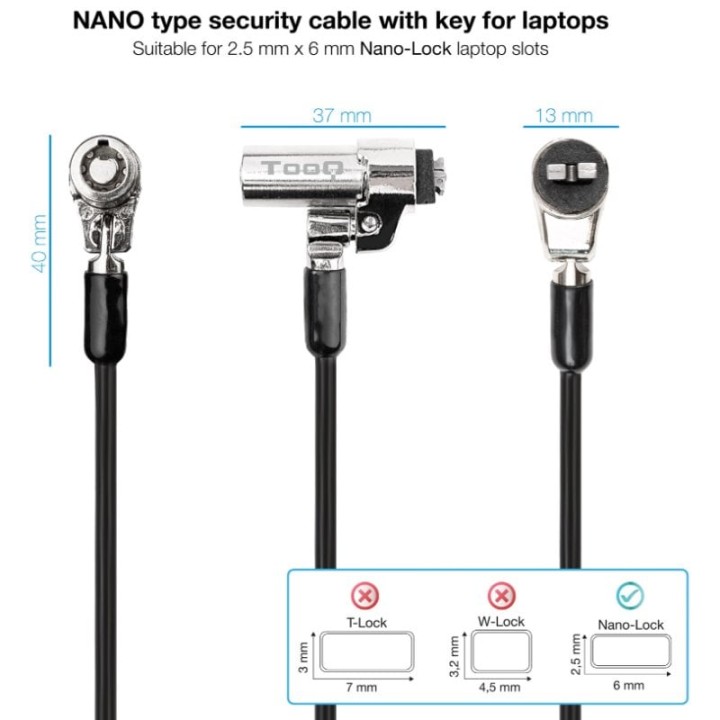 TooQ TQCLKC0045-G Cable de Seguridad Tipo NANO con Llave para Portátiles 1.5 metros Negro