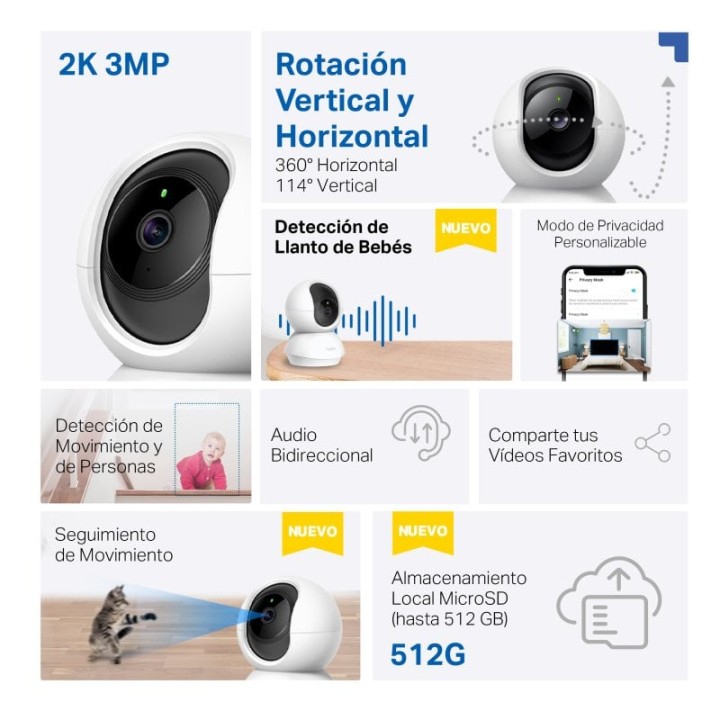 Tapo TC71 Cámara de Vigilancia 360º Interior, 2K 3MP, Detección IA Gratuita, Visión Nocturna