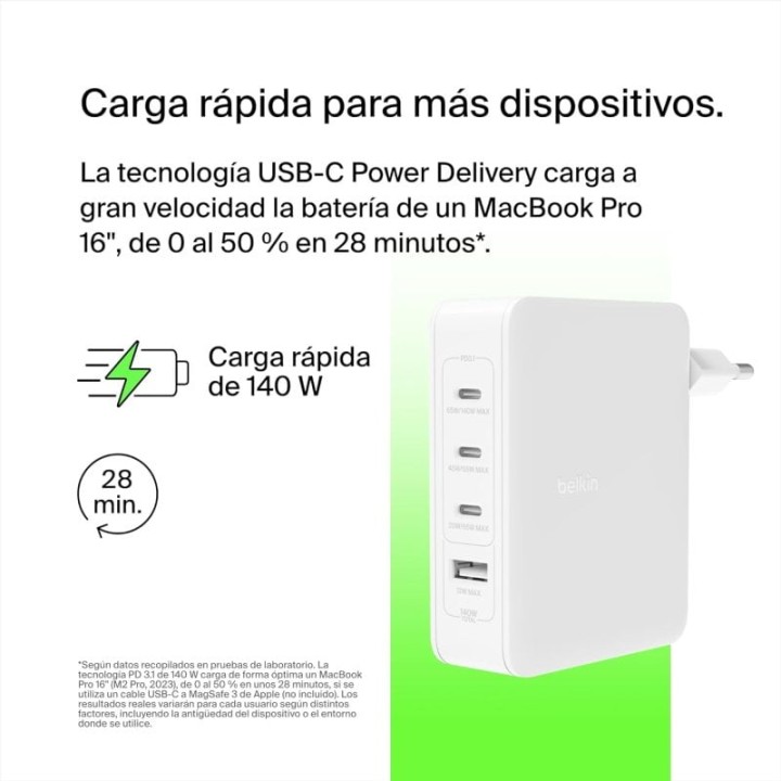 Belkin BoostCharge Pro Cargador de Pared GaN con 4 Puertos PD 140W con 3 Puertos USB-C
