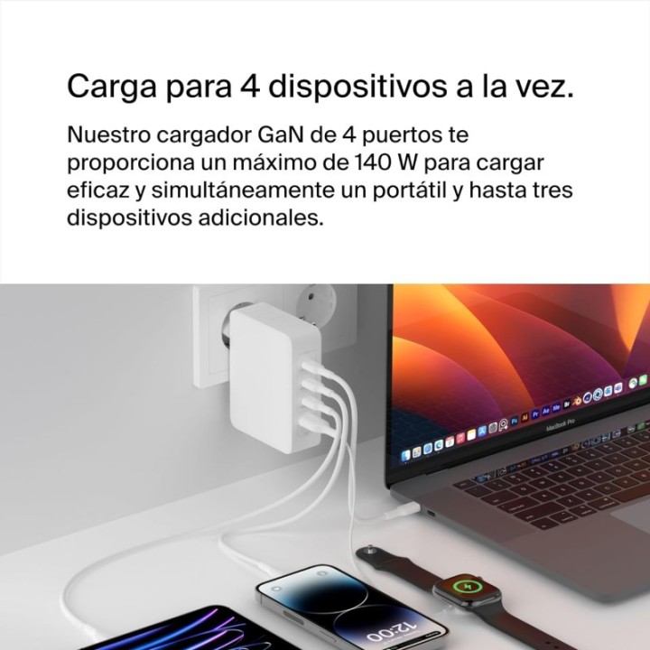 Belkin BoostCharge Pro Cargador de Pared GaN con 4 Puertos PD 140W con 3 Puertos USB-C