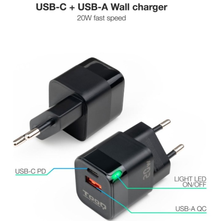 TooQ TQWC-QCPD20 Cargador de Pared USB-C/PD + USB-A/QC 20W Negro
