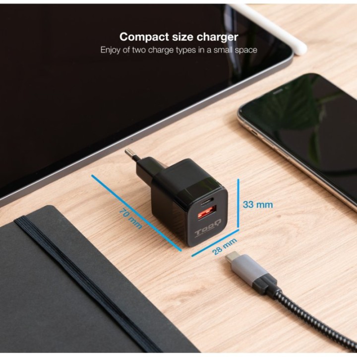TooQ TQWC-QCPD20 Cargador de Pared USB-C/PD + USB-A/QC 20W Negro