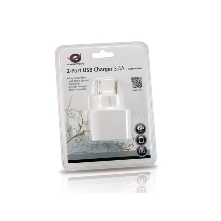 Cargador Pared CONCEPTRONIC 2xUSB Blanco (CUSBPWR34A)