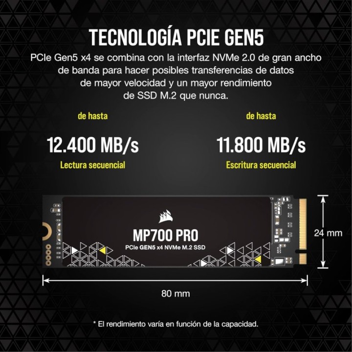 Corsair MP700 Pro 1TB Disco SSD NVMe 2.0 M.2 PCIe Gen5 x4